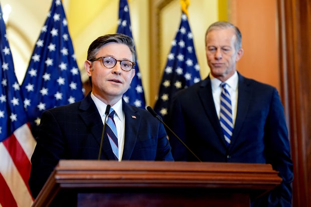 House Speaker Mike Johnson and Senate Majority Leader John Thune during a news conference at the U.S. Capitol in Washington, D.C., on Thursday, April 10, 2025.  