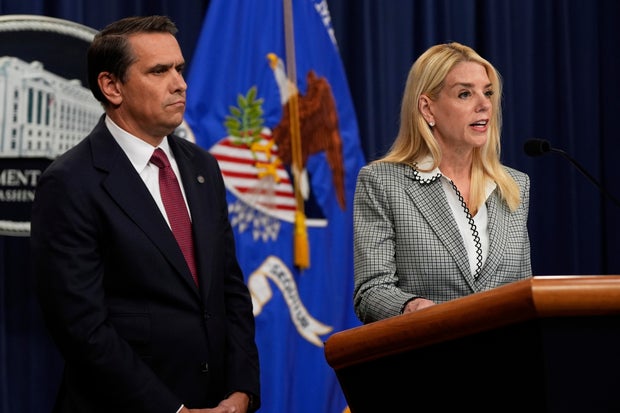 Attorney General Pam Bondi speaks as Deputy Attorney General Todd Blanche listens during a news conference about Kilmar Abrego Garcia at the Justice Department, on Friday June 6, 2025, in Washington. 